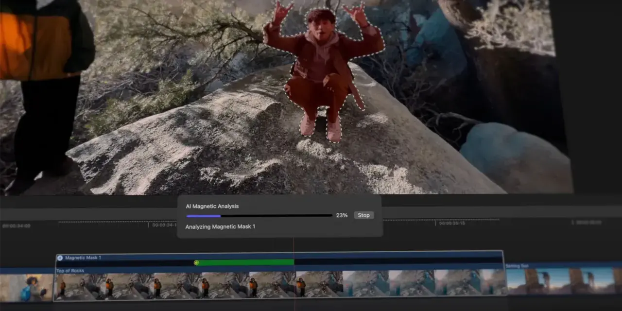 Edycja w Final Cut Pro: analiza maski AI dla postaci na skale.