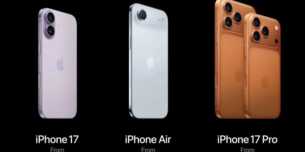 Trzy modele iPhone'ów: fioletowy iPhone 17, srebrny iPhone Air i złoty iPhone 17 Pro. Kiedy premiera iPhone 17?