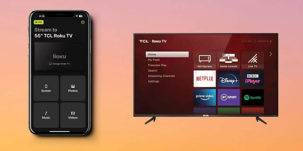 Aplikacja mobilna umożliwia klonowanie ekranu na telewizor TCL Roku TV, oferując opcje strumieniowania, zdjęć, muzyki i filmów.