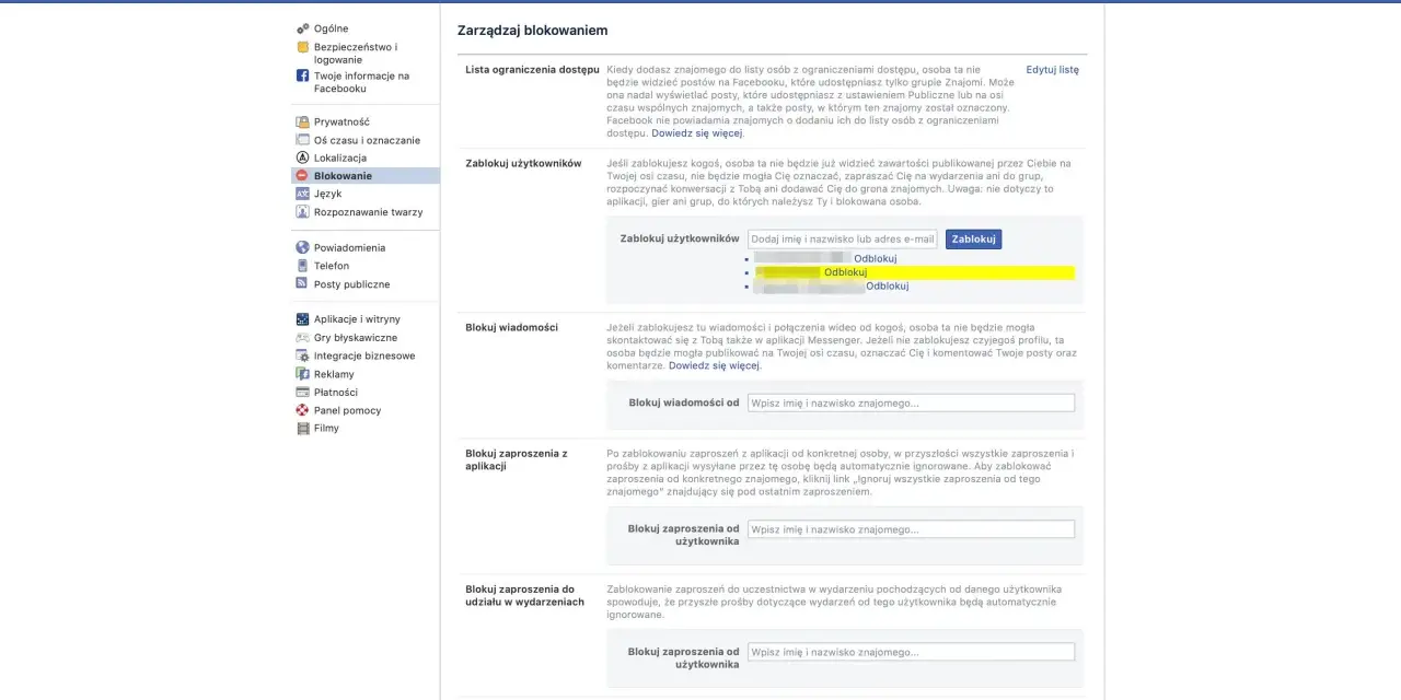 Zarządzaj blokowaniem na FB: jak odblokować kogoś, zablokować wiadomości, zaproszenia z aplikacji i wydarzeń.