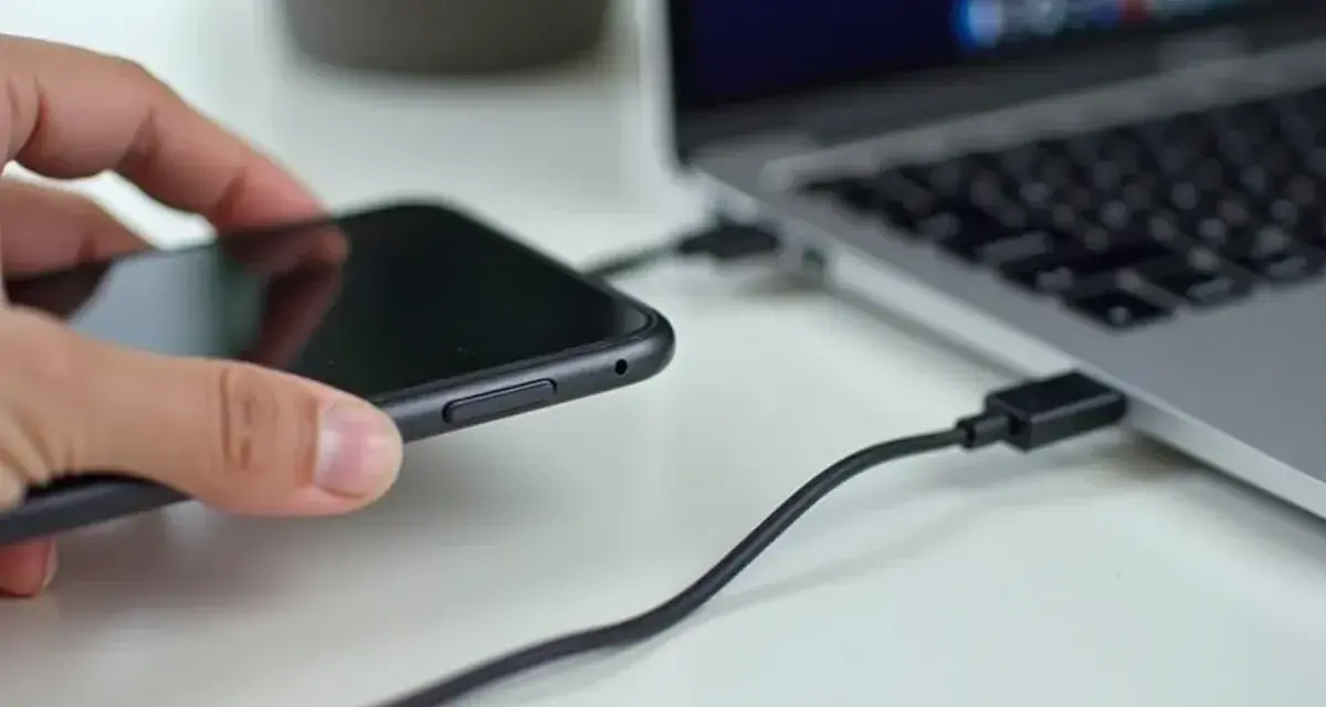 Dłoń trzyma telefon, który jest podłączony kablem USB do laptopa. Prosty sposób, jak połączyć telefon z laptopem.