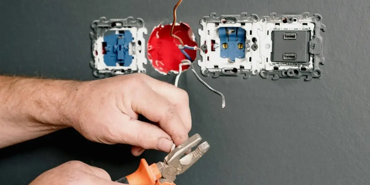 Dłonie trzymające kombinerki przy przewodach elektrycznych podłączanych do gniazdka.