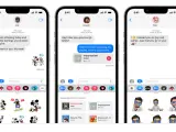Trzy ekrany iPhone'a pokazują rozmowy w iMessage: zakupy, muzyka i spotkanie na drodze.