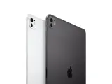 Dwa najnowsze iPady Pro, biały i grafitowy, prezentują swoje aparaty i logo Apple.
