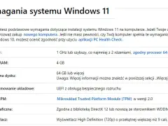Tabela z wymaganiami systemu Windows 11: procesor 1 GHz, 4 GB RAM, 64 GB miejsca na dysku, UEFI, TPM 2.0, DirectX 12.