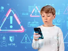 Chłopiec z telefonem, otoczony ostrzeżeniami. Wirtualne ekrany sugerują kontrolę rodzicielską na telefonie, chroniącą przed niebezpieczeństwami.