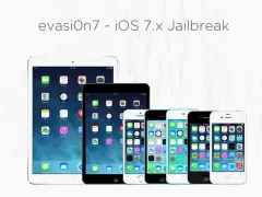 evasi0n7 - iOS 7.x Jailbreak od evad3rs. Grupa urządzeń Apple z ikonami iOS, gotowa do jailbreak.