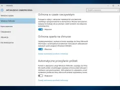 Ustawienia Windows Defender: ochrona w czasie rzeczywistym, oparta na chmurze i automatyczne przesyłanie próbek. Możliwość tymczasowego wyłączenia funkcji.