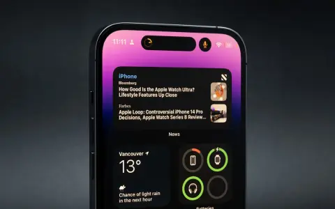 Nowy iPhone z dynamic island, wyświetlający wiadomości i pogodę.
