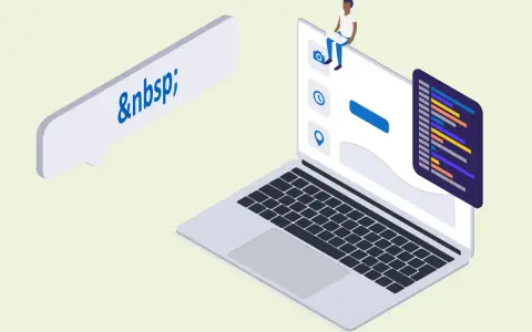 Programista siedzi na laptopie, a obok dymek z tekstem "&nbsp;". Kod na ekranie sugeruje pracę nad układem strony.