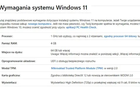 Tabela z wymaganiami systemu Windows 11: procesor 1 GHz, 4 GB RAM, 64 GB miejsca na dysku, UEFI, TPM 2.0, DirectX 12.