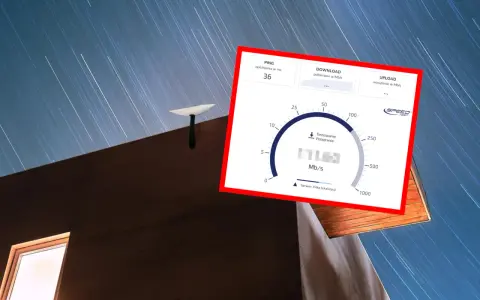 Antena satelitarna Starlink na dachu, obok ekran z testem prędkości internetu pokazującym 171 Mb/s.