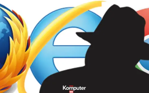 Sylwetka detektywa na tle ikon przeglądarek Firefox, Internet Explorer i Chrome. Czas włączyć tryb incognito.