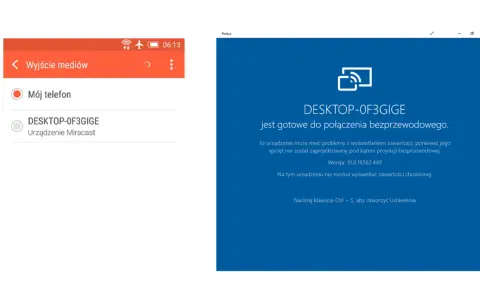 Udostępnianie ekranu: Dostępne urządzenie "DESKTOP-0F3GIGE" gotowe do połączenia bezprzewodowego.