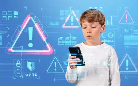 Chłopiec z telefonem, otoczony ostrzeżeniami. Wirtualne ekrany sugerują kontrolę rodzicielską na telefonie, chroniącą przed niebezpieczeństwami.