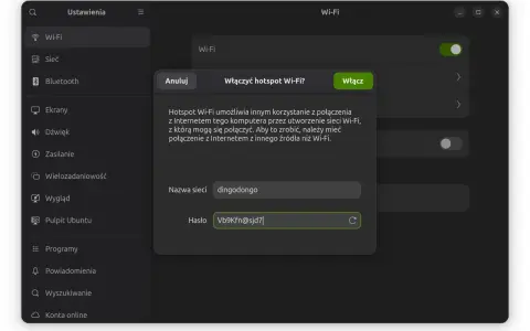 Ustawienia Wi-Fi: włącz hotspot, by udostępnić internet. Nazwa sieci: dingodongo, hasło: Vb9Kfn@sjd7.