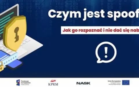 Czym jest spoofing? Grafika pokazuje laptop, telefon i tarczę z kluczem, symbolizujące bezpieczeństwo. Podkreśla, jak rozpoznać i unikać oszustw.