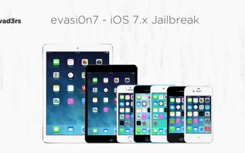 evasi0n7 - iOS 7.x Jailbreak od evad3rs. Grupa urządzeń Apple z ikonami iOS, gotowa do jailbreak.