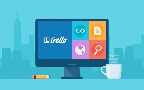 Komputer z logo Trello i ikonami: kod, dokument, świat, lupa. Idealne narzędzie do organizacji pracy, czyli trello co to.