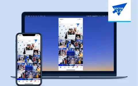 Pokaz zdjęć z wydarzenia na ekranie laptopa i telefonu, dzięki technologii miracast. Logo "Sektor 3.0" obok.
