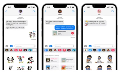 Trzy ekrany iPhone'a pokazują rozmowy w iMessage: zakupy, muzyka i spotkanie na drodze.