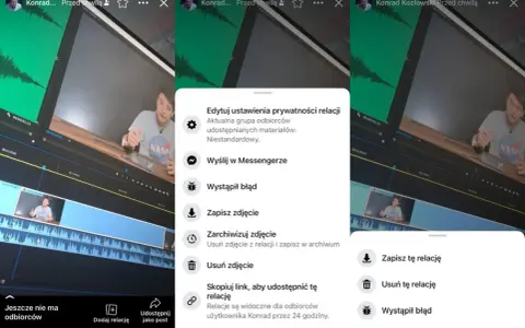 Chcesz wiedzieć, jak usunąć relacje z FB? Na ekranie widzisz opcje edycji prywatności relacji, w tym "Usuń zdjęcie" i "Usuń tę relację".