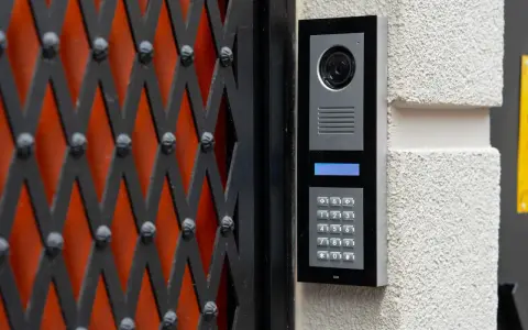 Domofon z kamerą i klawiaturą numeryczną zamontowany na ścianie obok czarnej kraty.