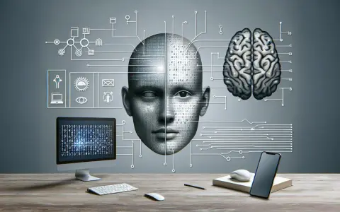 Cyfrowa twarz z kodem binarnym, mózg i ikony technologii. Rozpoznawanie twarzy (face id) w erze sztucznej inteligencji.