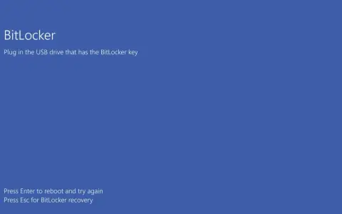 Ekran BitLocker: podłącz USB z kluczem BitLocker. Naciśnij Enter, by zrestartować, lub Esc, by odzyskać dostęp.