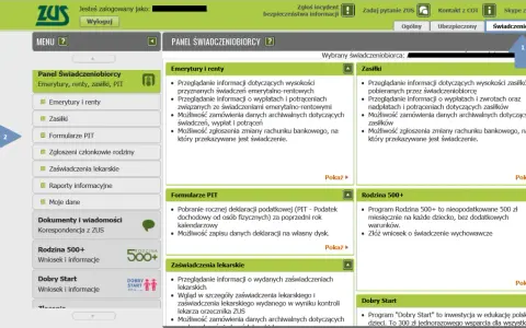 Panel boczny z menu ZUS: Emerytury, renty, zasiłki, PIT, formularze, zaświadczenia lekarskie.