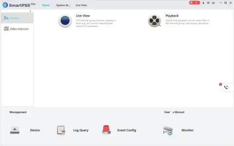 Interfejs SmartPSS lite z opcjami Monitor, Live View, Playback, Device, Log Query, Event Config i Monitor.