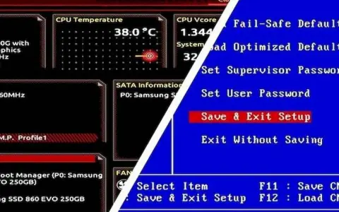 Ekran startowy BIOS-u pokazuje temperaturę CPU 38°C i opcje takie jak "Save & Exit Setup".