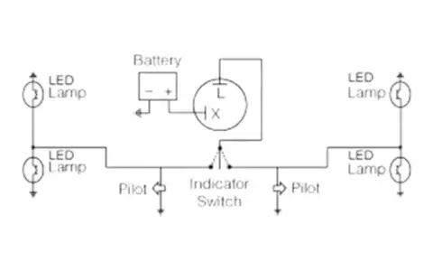 Schemat elektryczny z akumulatorem, przerywaczem, lampkami LED i wskaźnikami.