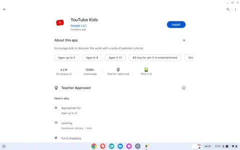 Ekran Chrome OS z aplikacją YouTube Kids. Dostępne kategorie wiekowe: do 5 lat, 6-8 lat, 9-12 lat. Aplikacja ma 4.2 gwiazdki i 100M+ pobrań.
