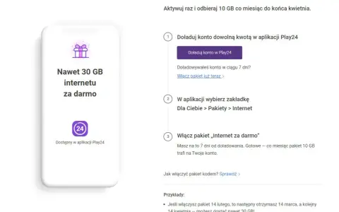 Grafika telefonu z napisem "Nawet 30 GB internetu za darmo" i ikoną Play24.