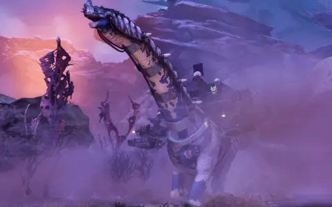 Dinozaur z platformą na grzbiecie na tle fioletowego krajobrazu z dziwnymi roślinami.