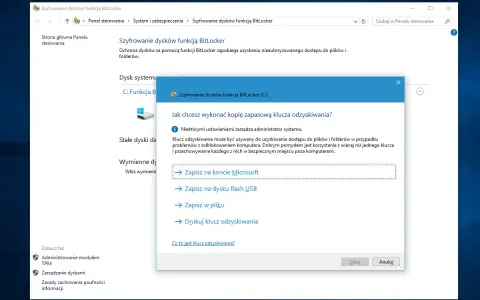 Okno dialogowe "Szyfrowanie dysków funkcją BitLocker" pyta o sposób zapisu klucza odzyskiwania.