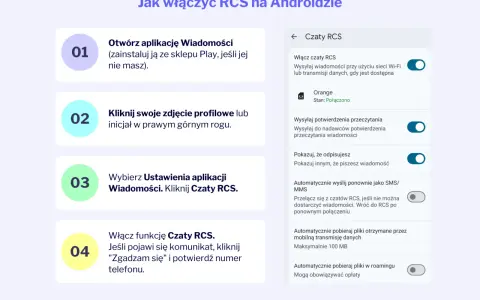 Instrukcja włączania czatów RCS na Androidzie: otwórz Wiadomości, kliknij profil, wybierz Ustawienia > Czaty RCS. Potwierdź numer telefonu.