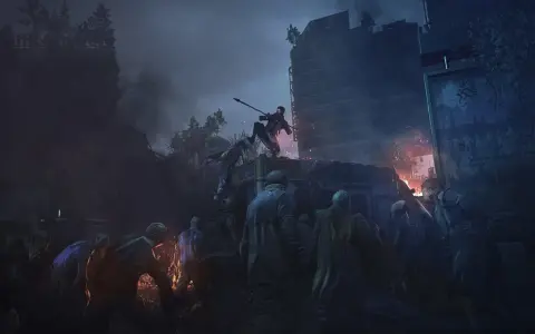 Postapokaliptyczna scena z hordą zombie i walczącym człowiekiem na dachu autobusu.