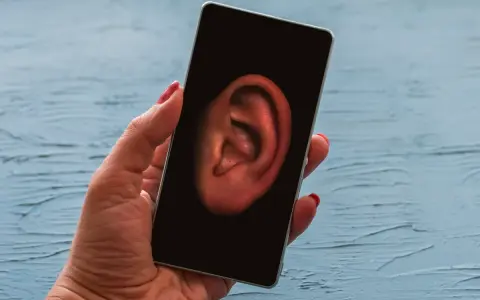 Dłoń trzyma smartfon z uchem na ekranie. Czy Twój telefon jest na podsłuchu? Sprawdź to!