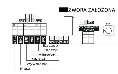 Schemat połączeń domofonu Cyfral Smart 5P z opisem zacisków i zworkami.