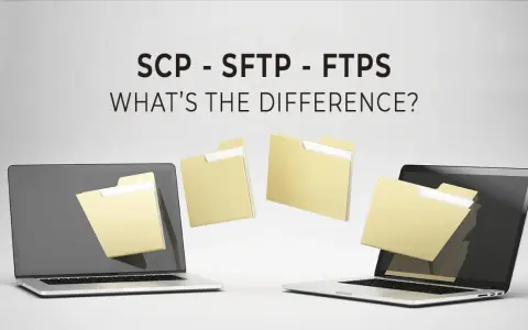 Dwa laptopy i foldery unoszące się w powietrzu, ilustrujące różnice między SCP, SFTP i FTPS.