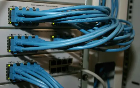 Sieć komputerowa z niebieskimi kablami Ethernet podłączonymi do przełączników. Połączenia peer to peer tworzą infrastrukturę.