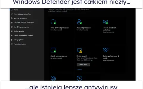 Interfejs Windows Defender pokazuje status ochrony: wirusów, sieci, konta i urządzenia. Wszystko działa poprawnie.