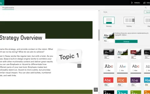 Panel stylów w Sway pozwala na dostosowanie wyglądu prezentacji. Można wybrać układ pionowy, poziomy lub slajdy, a także zmienić typografię i kolory, aby nadać prezentacji unikalny **sway**.