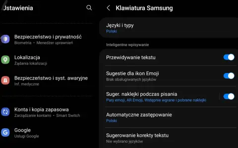 Ustawienia klawiatury Samsung: jak wyłączyć autokorektę? Widok opcji "Sugerowanie korekty tekstu" i "Przewidywanie tekstu".