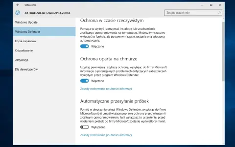 Ustawienia Windows Defender: ochrona w czasie rzeczywistym, oparta na chmurze i automatyczne przesyłanie próbek. Możliwość tymczasowego wyłączenia funkcji.