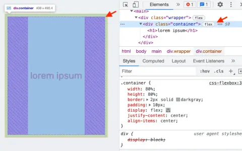 Centrowanie tekstu "lorem ipsum" w kontenerze z użyciem Flexbox w narzędziach deweloperskich.