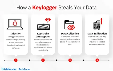 Schemat pokazuje, jak keylogger infekuje urządzenie, przechwytuje naciśnięcia klawiszy, zbiera dane i je wysyła.