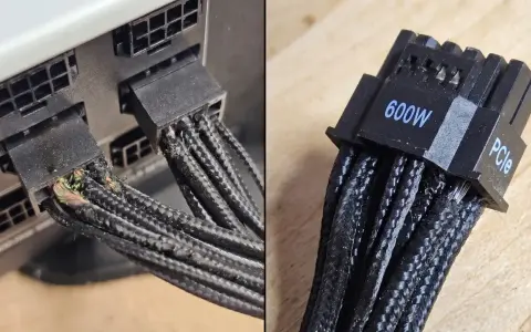 Uszkodzony kabel 12VHPWR 600W PCIe. Widoczne stopione złącze i przetarte przewody.